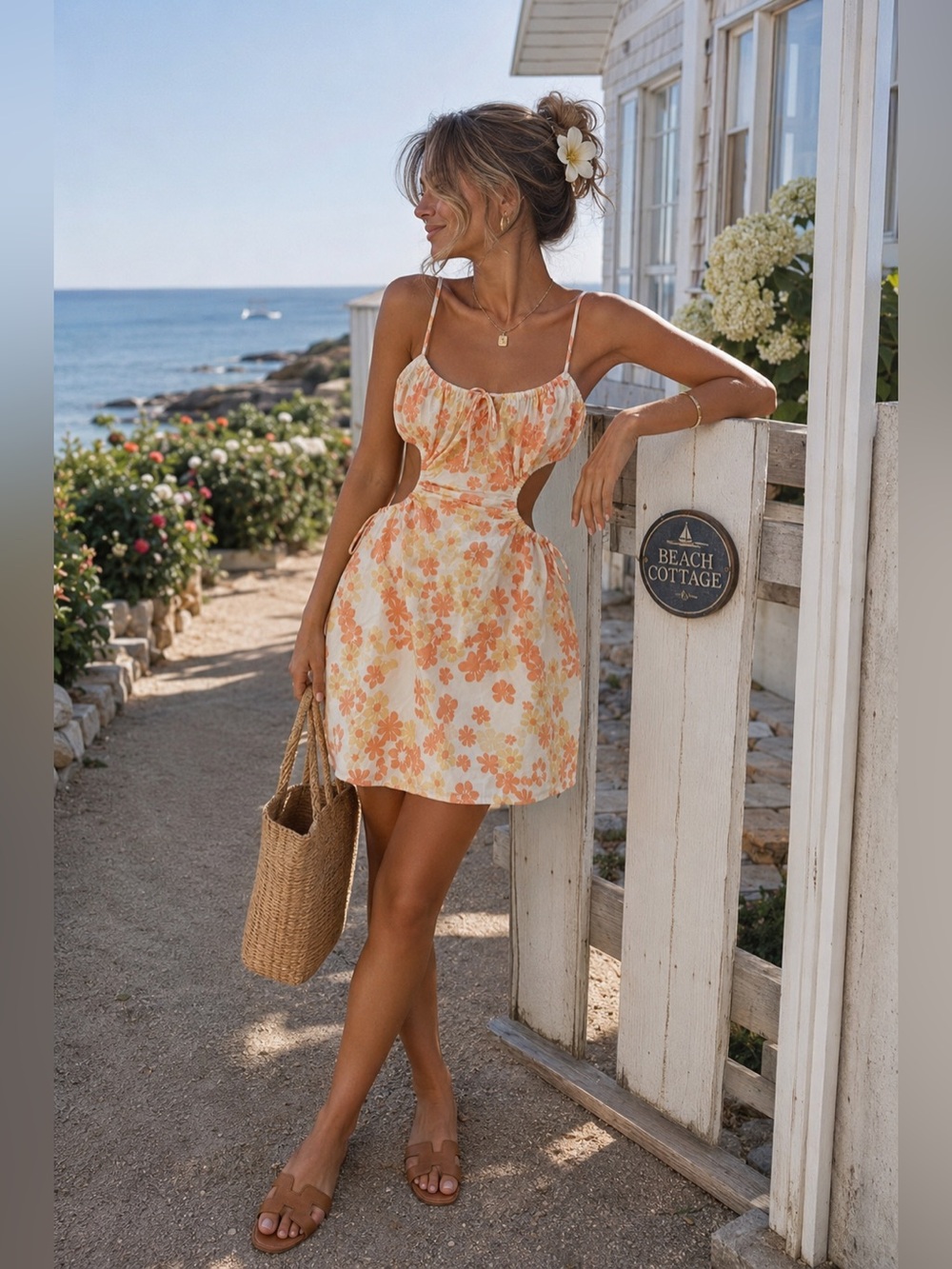 SABO SKIRT Floral Cutout Mini Dress Medium Peach Orange 100% Cotton Boho